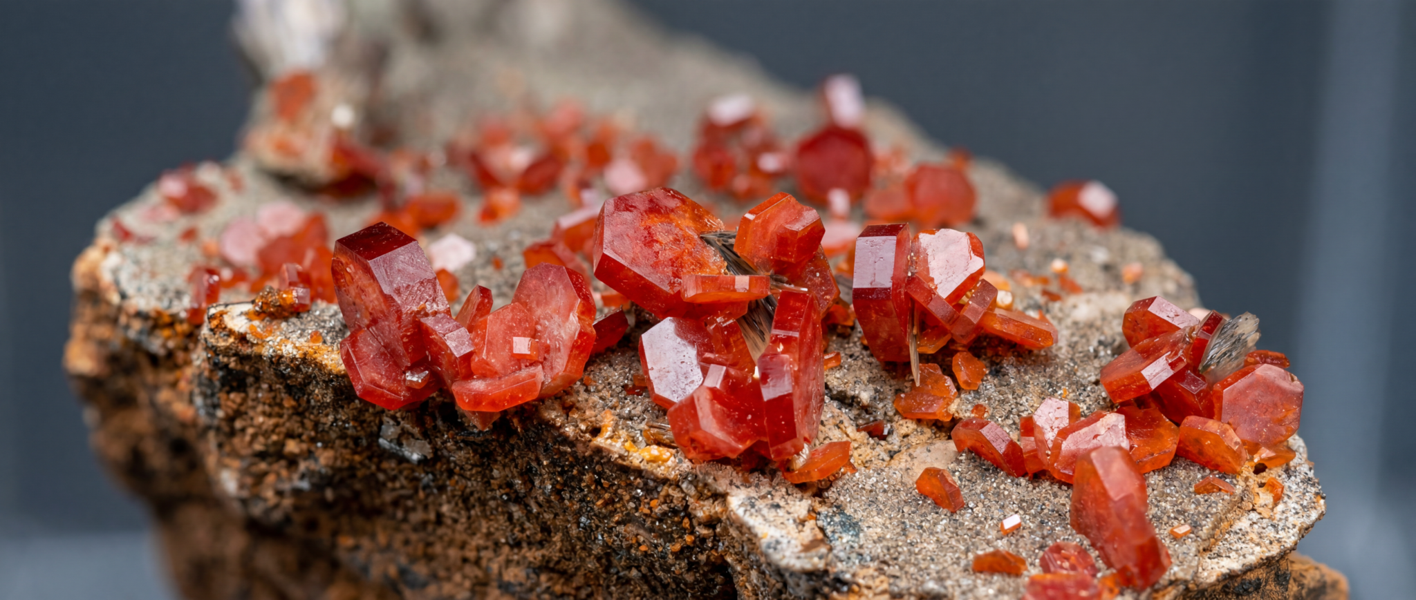 Natural vanadinite crystals on barite matrix from Morocco – vivid red hexagonal mineral specimens